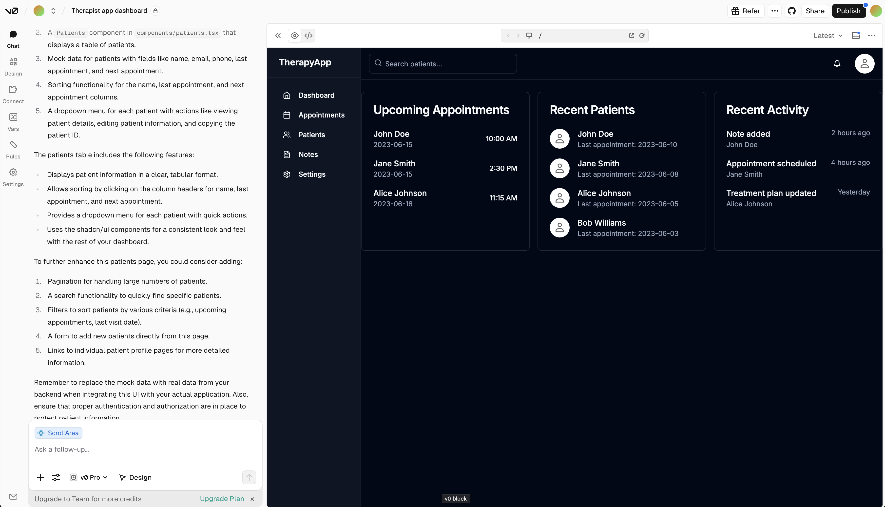 v0 app screenshot showing how I generated one of my assignments for a software engineering class.