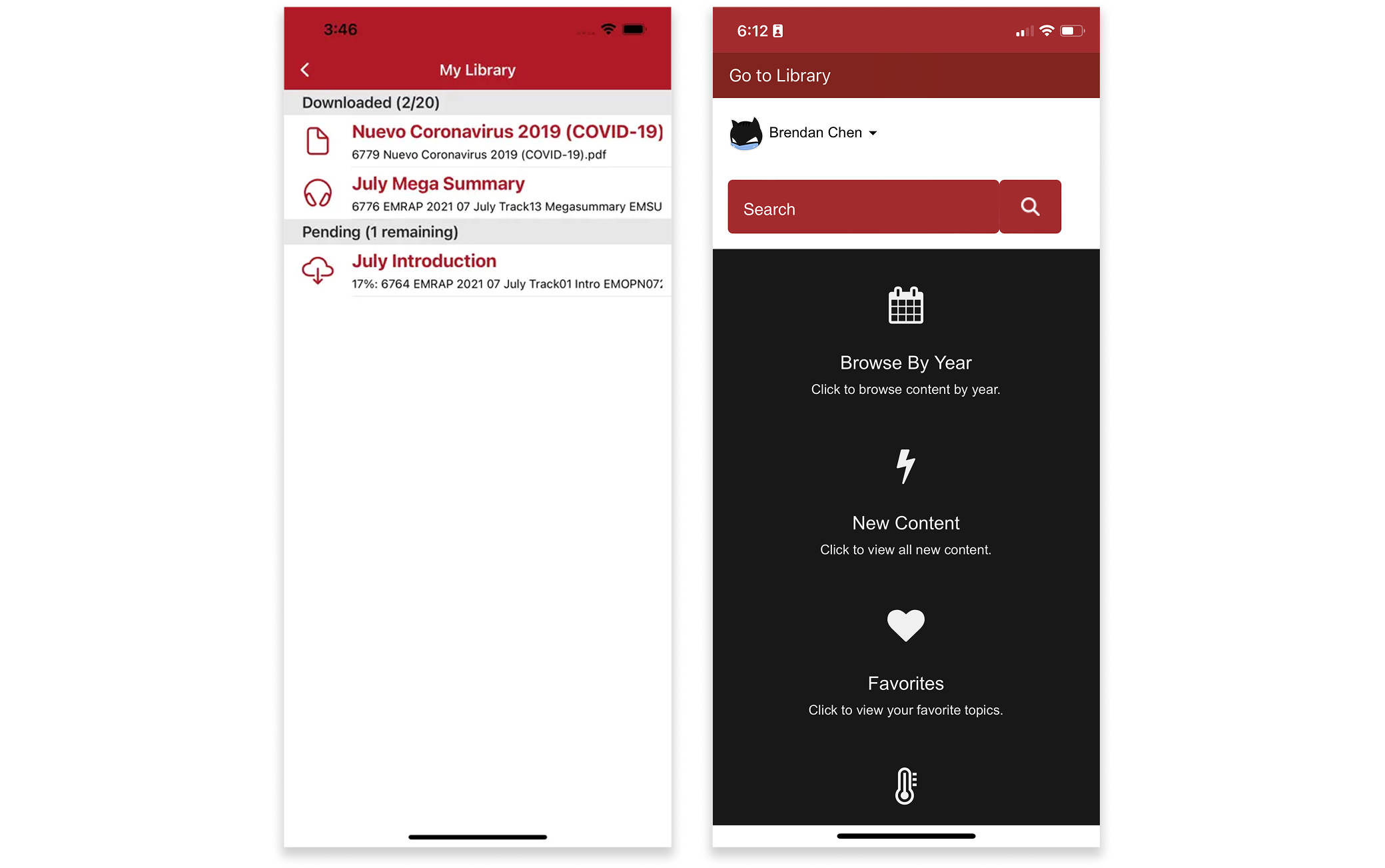 Screenshots of the CMES app, showing the My Library screen and a web view.