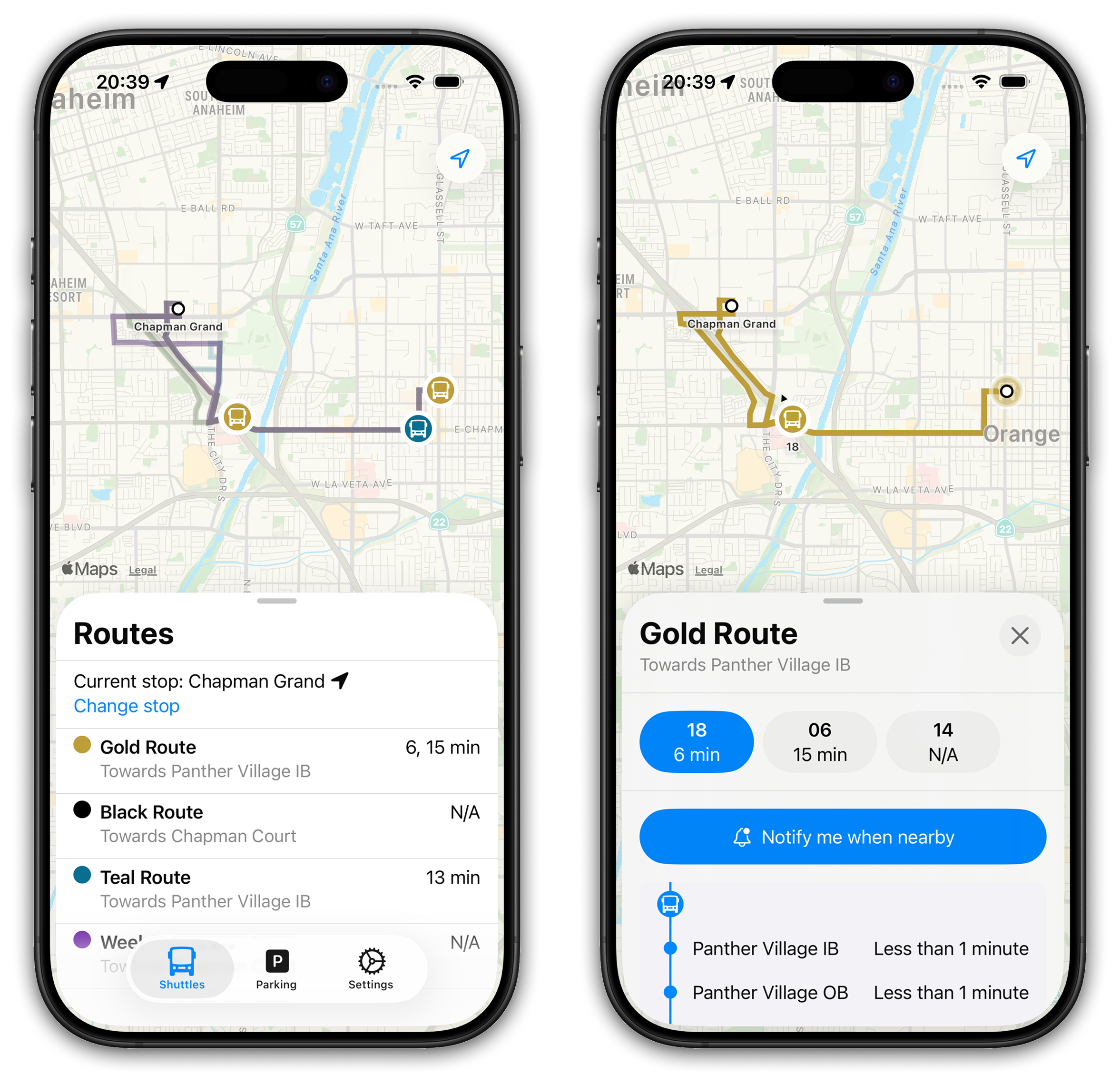 Screenshots of the app showing the routes list and page.