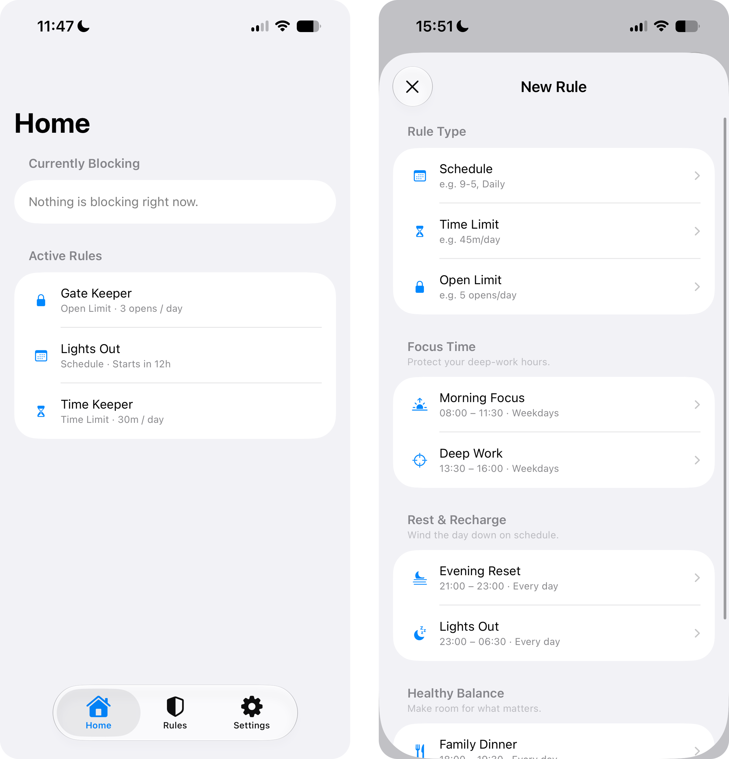 Screenshots of OpenAppLock, including the home page with three active rules, and the new rule page with rule templates.