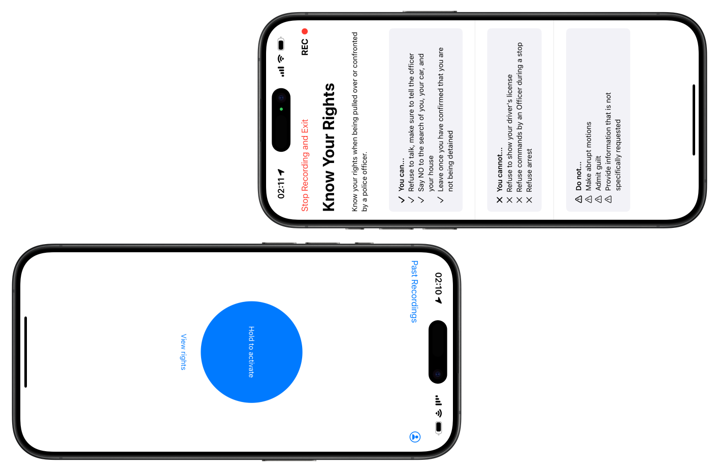Screenshots of Power to the People, an iOS app designed to make traffic stops safer.