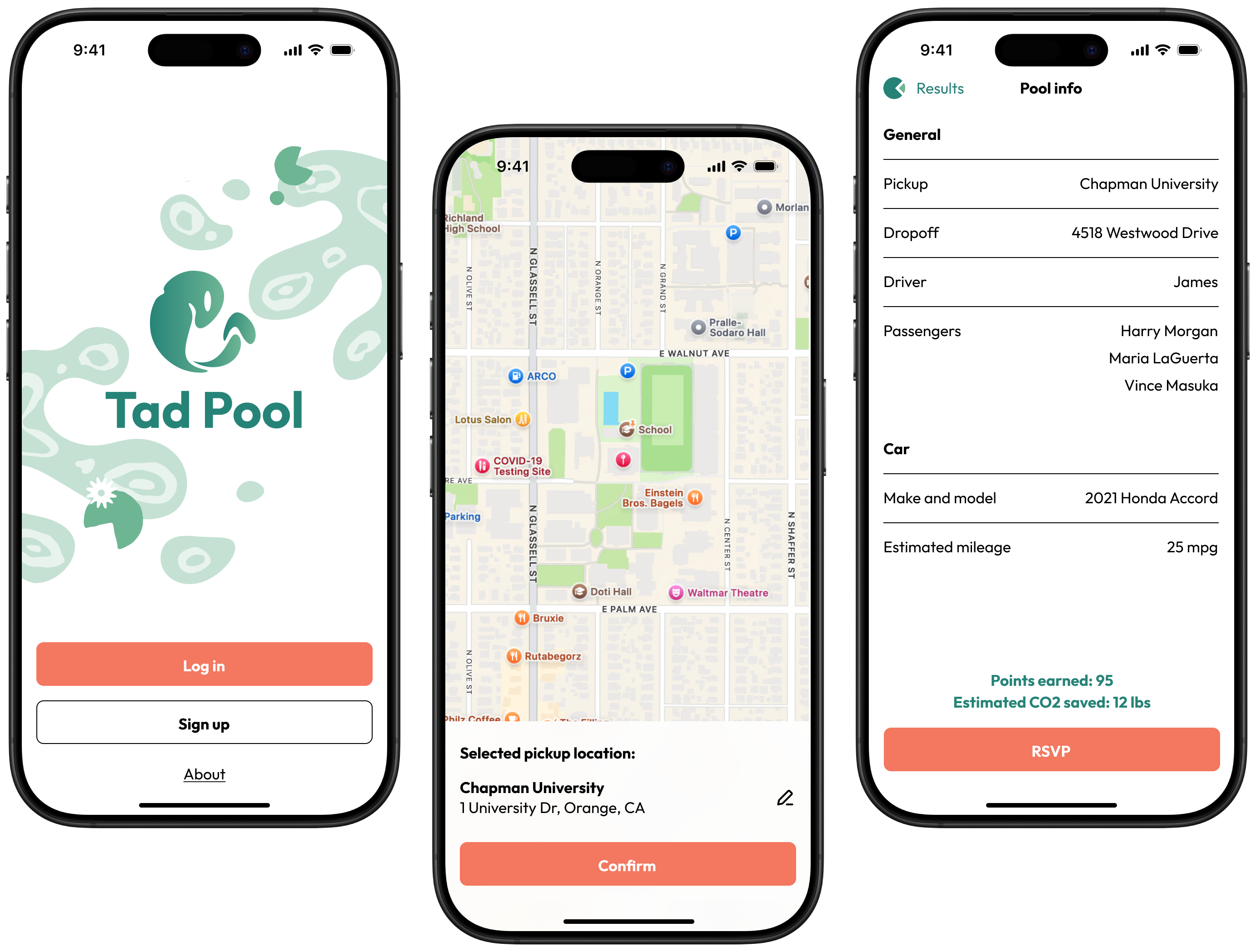 Screenshots of Tad-Pool, a carpooling app for college students.