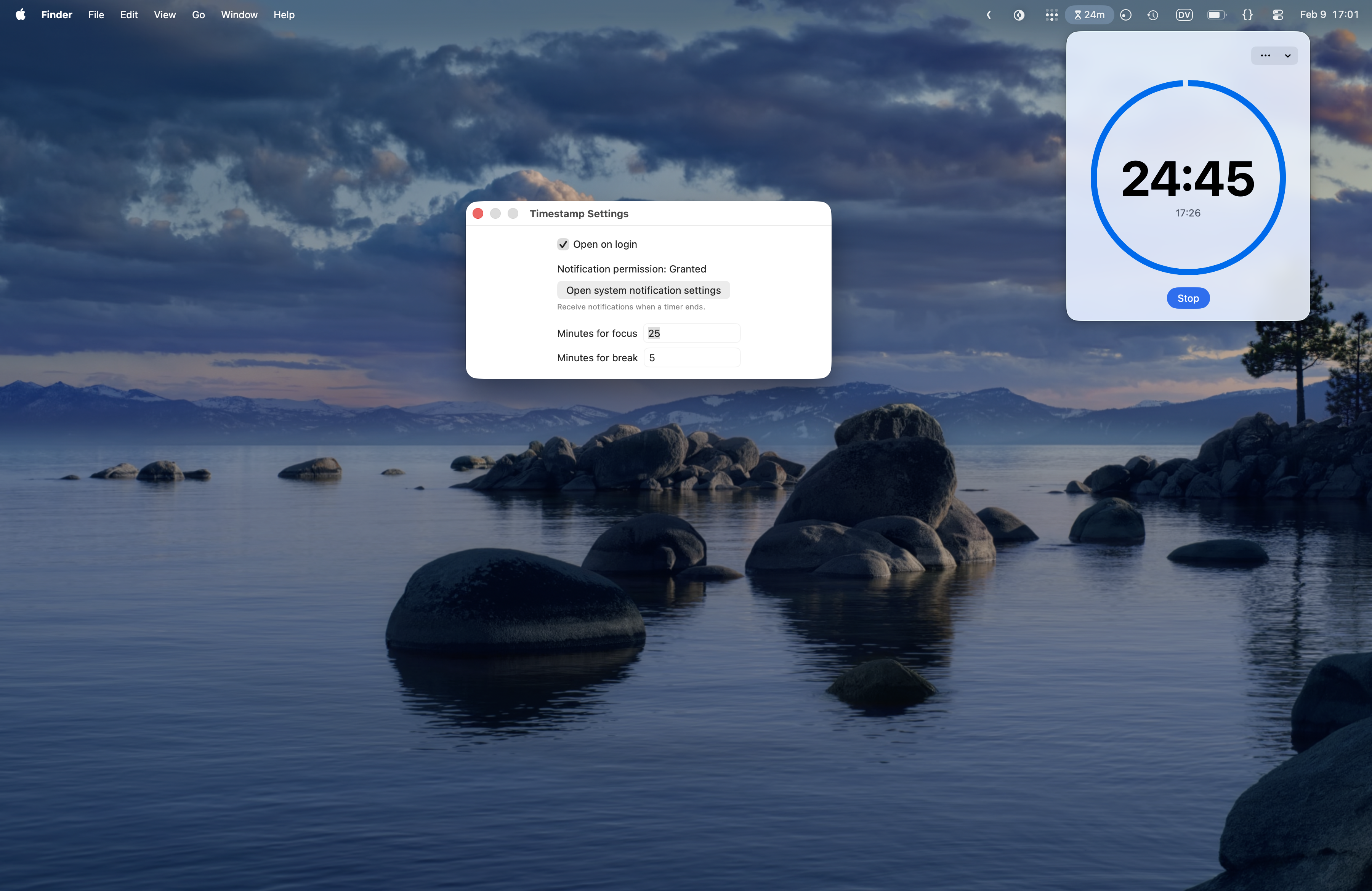 Screenshot of the Timestamp app and the settings window.